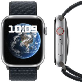 Vista frontal y lateral del nuevo Apple Watch neutro en carbono.